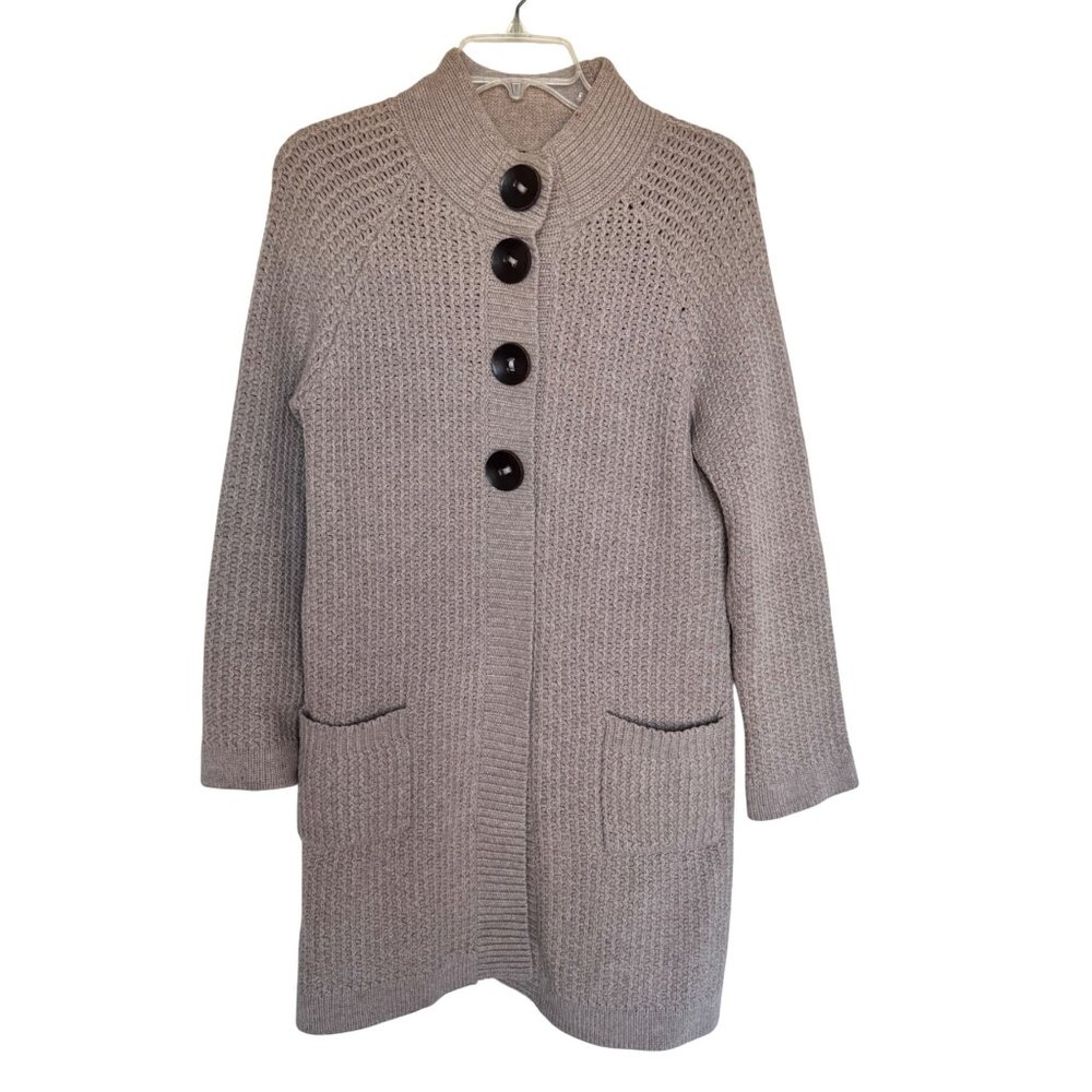 Boden Chunky Knit Cardigan Sweater Large Buttons Wool Tan Womens Medium